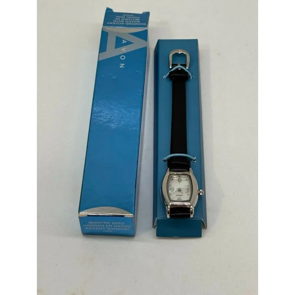 Vintage Avon Diamond Accent Watch With Mother Of Pearl Dial Black NIB Untested